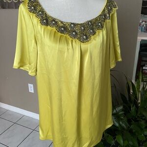 NWOT St John Evening 12 $525 Beaded Sequin Blouse Liquid Satin Silky Chartruese